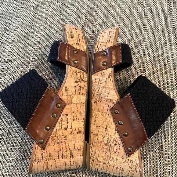 CROWN VINTAGE DOUBLE TROUBLE WEDGE SANDAL SHOES size 8.5 EUC wedges black brown - Picture 5 of 13